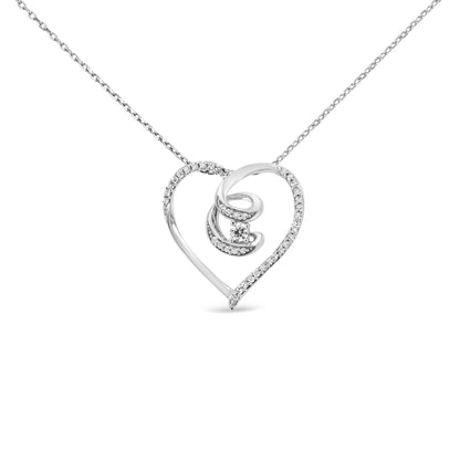 .925 Sterling Silver 1/4 Cttw Brilliant-Cut Diamond Open Heart Twisted Awareness Ribbon 18" Pendant Necklace (H-I Color,