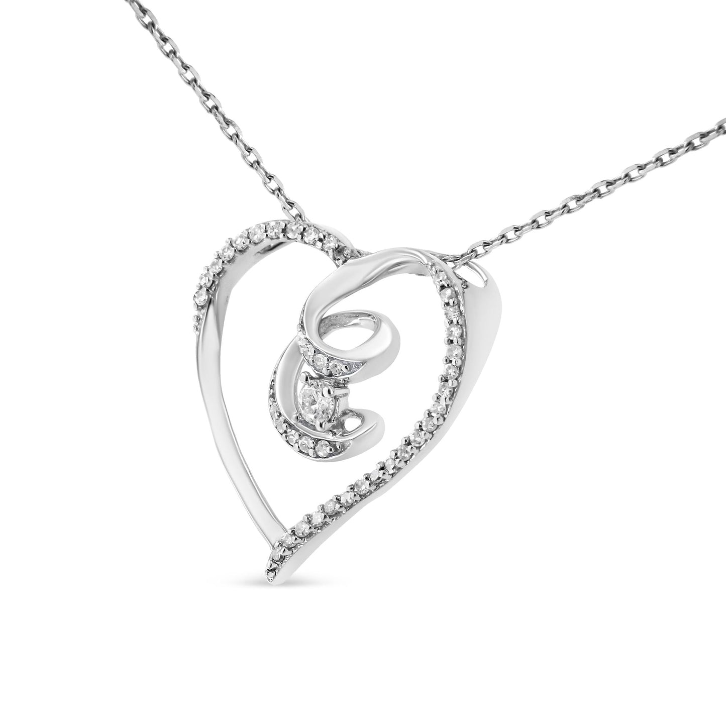 .925 Sterling Silver 1/4 Cttw Brilliant-Cut Diamond Open Heart Twisted Awareness Ribbon 18" Pendant Necklace (H-I Color,