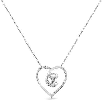 .925 Sterling Silver 1/4 Cttw Brilliant-Cut Diamond Open Heart Twisted Awareness Ribbon 18" Pendant Necklace (H-I Color,