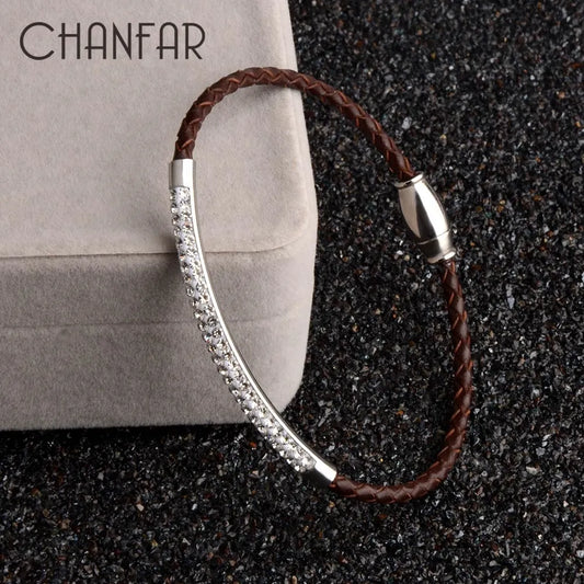 Chanfar Genuine Leather Bracelet for Women Rhinestone Pave Stainless Steel